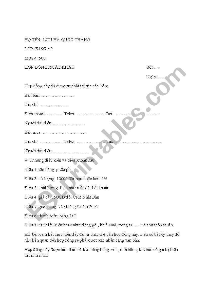 hop dong xuat khau worksheet