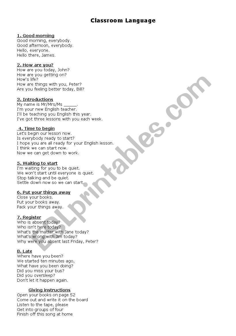 Classroom language worksheet