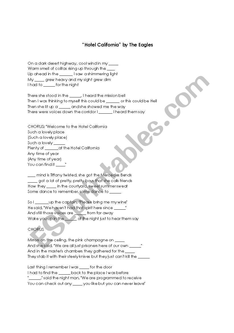 Hotel California Lyrics worksheet