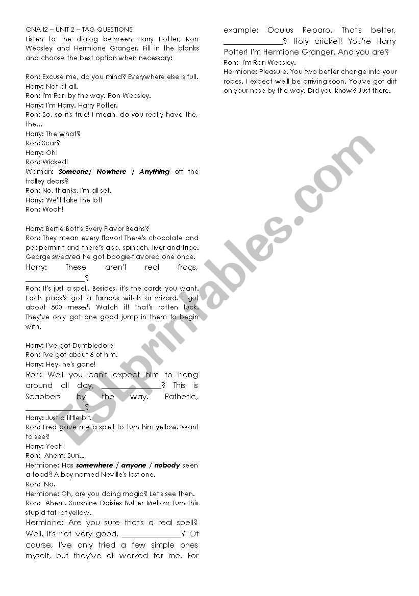 Harry Potter tag questions worksheet