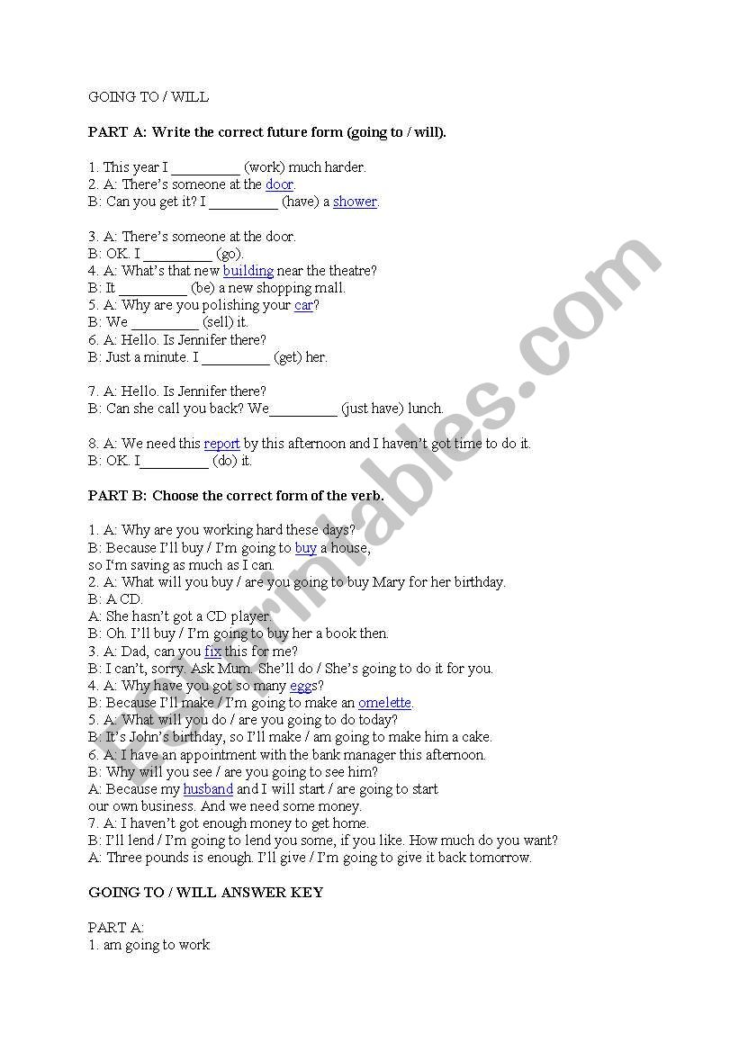 Going to or will worksheet