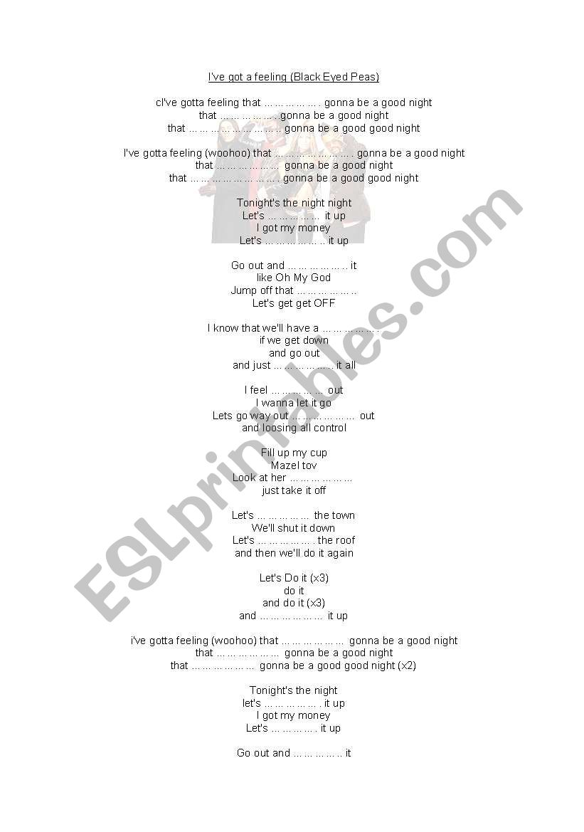 English worksheets I´ve got a feeling (Black eyed peas)