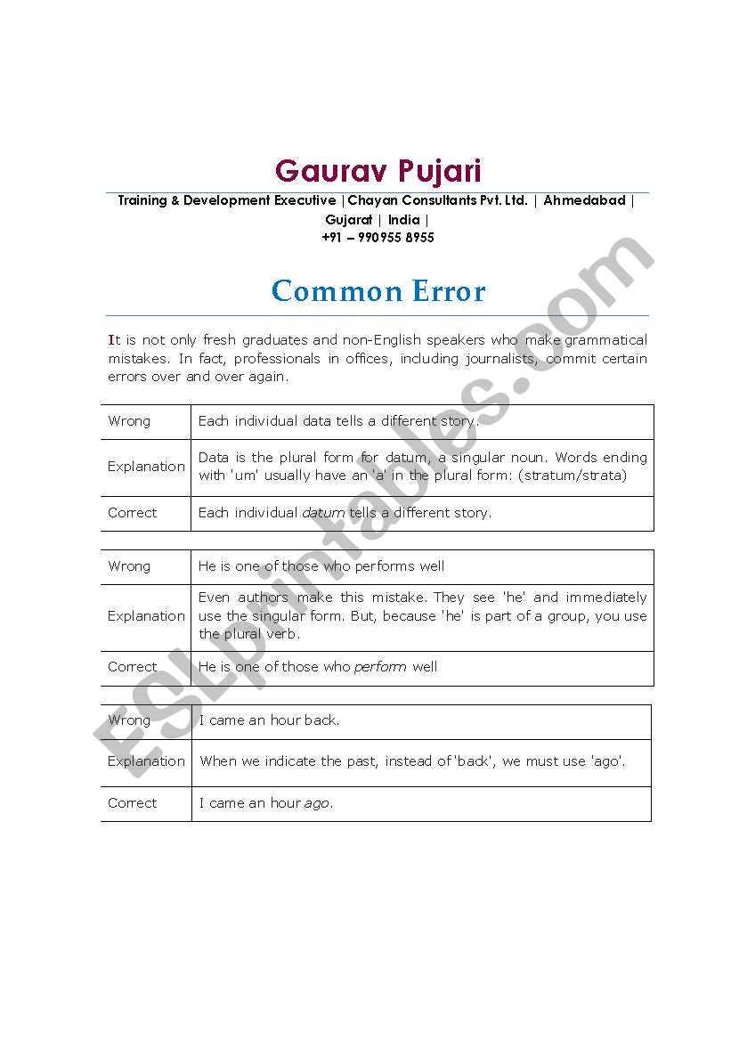 Common Error in English worksheet