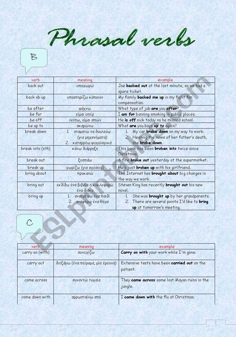 Phrasal verbs b-h worksheet