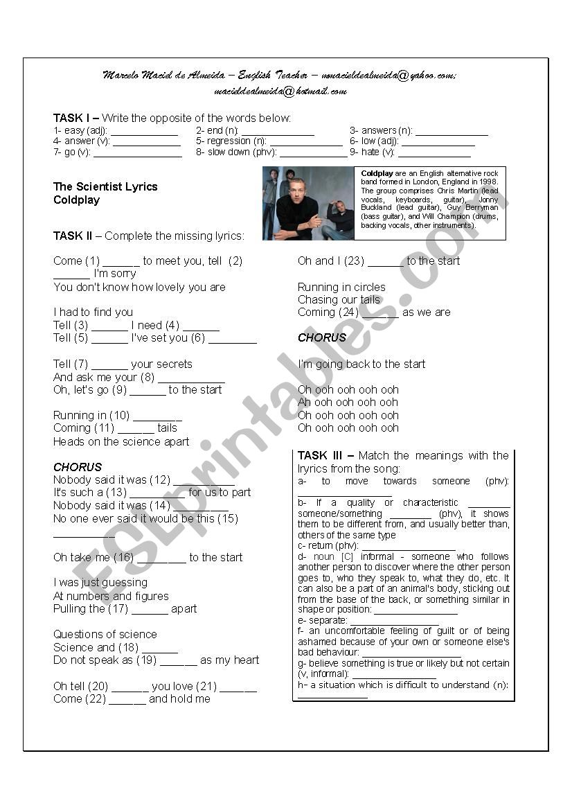 The Scientist (Coldplay) worksheet