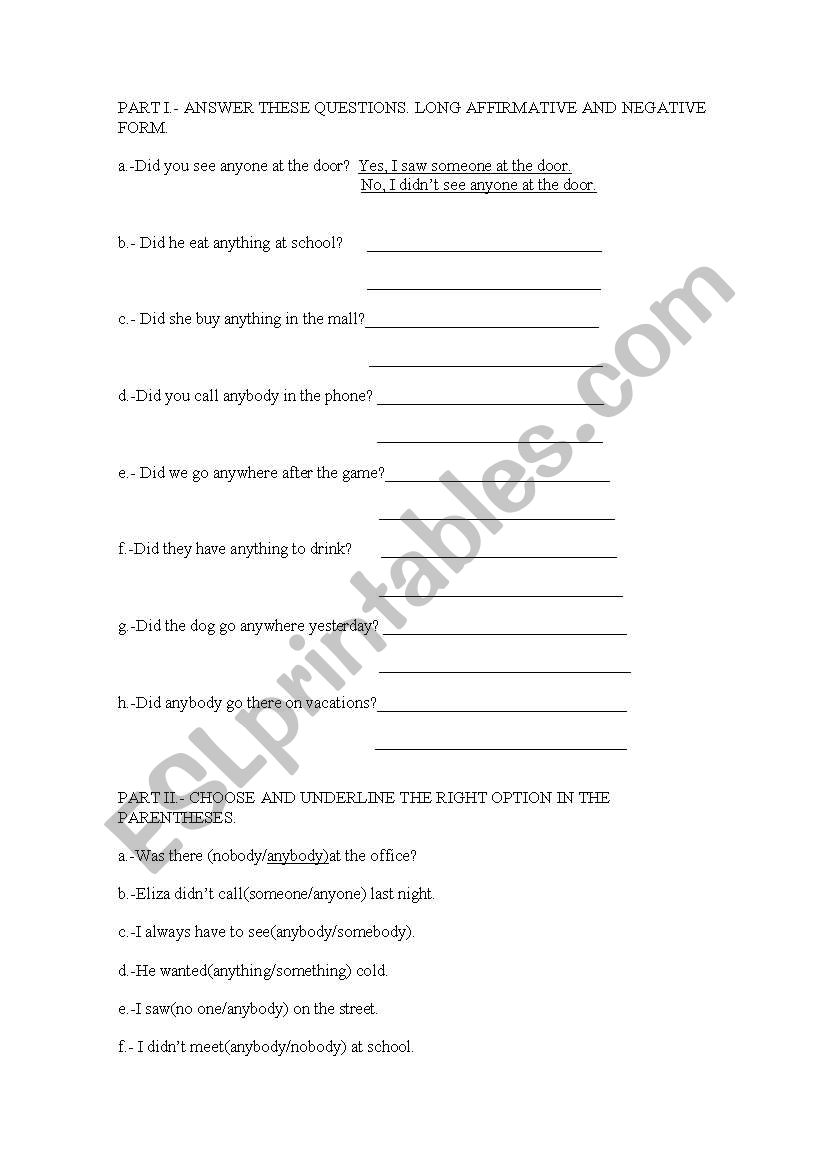 Indefinite Pronouns worksheet