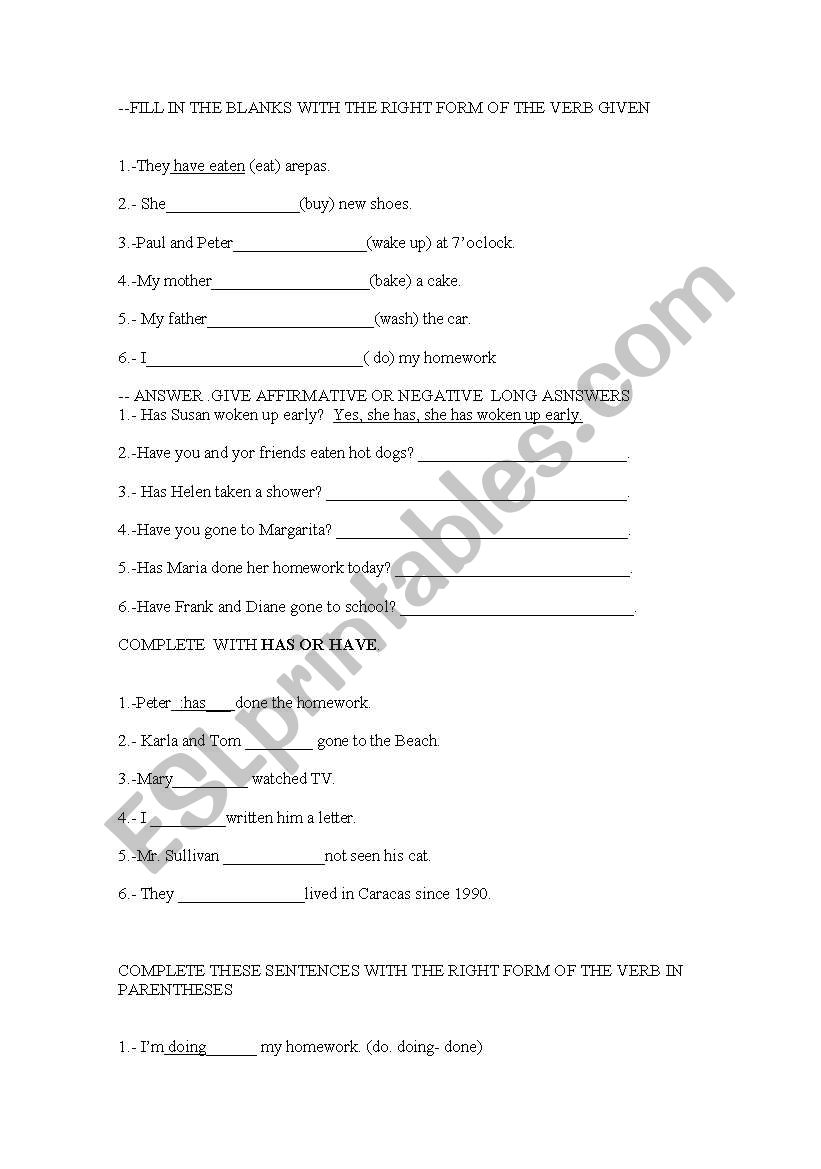 Present perfect of the verb worksheet