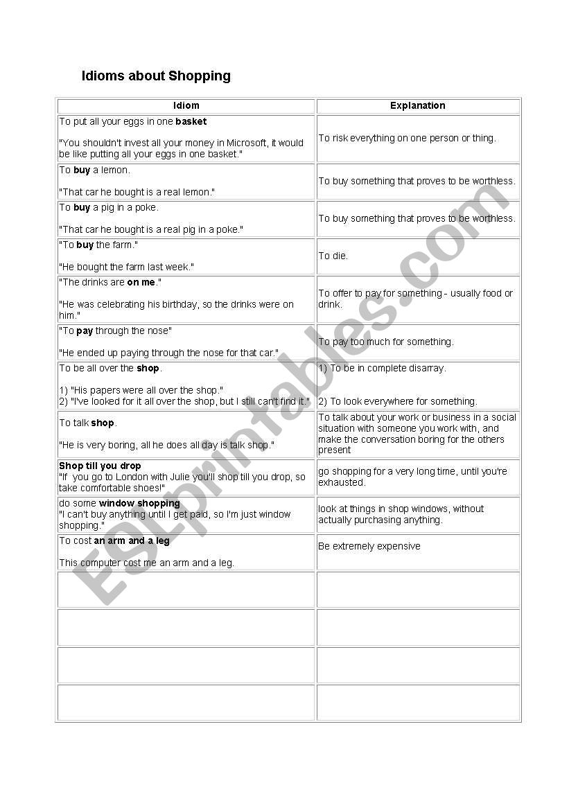 IDIOMS ABOUT SHOPPING worksheet