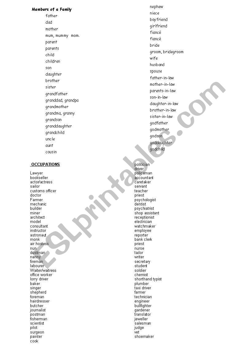 family members and occupations