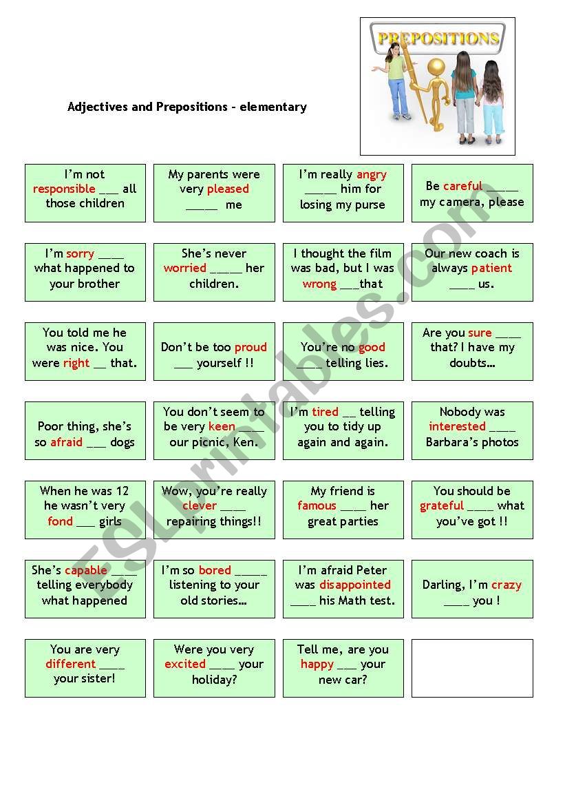 Adjectives and prepositions (elementary) - cards with solution on the back 
