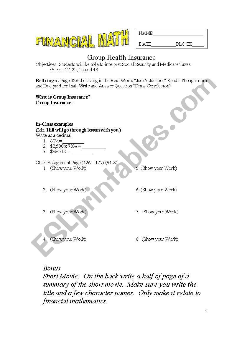 Group Health Insurance worksheet