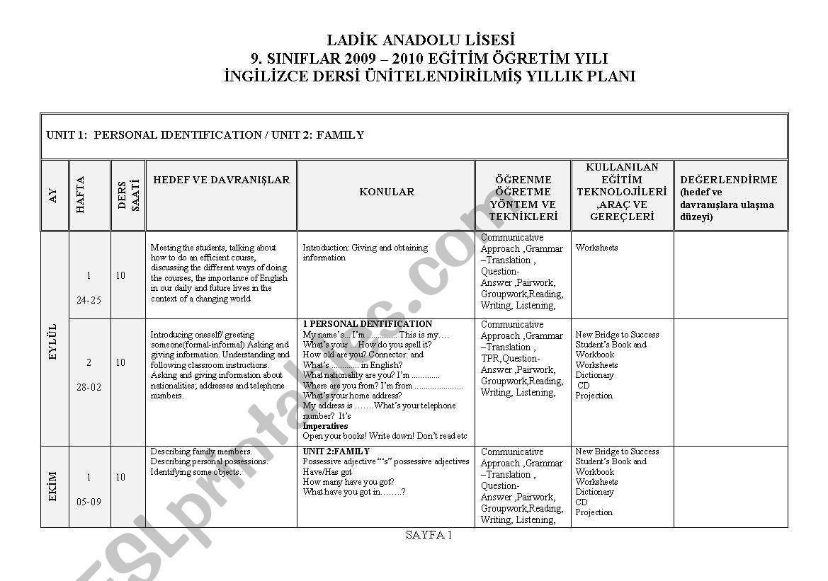 yearly  plan worksheet