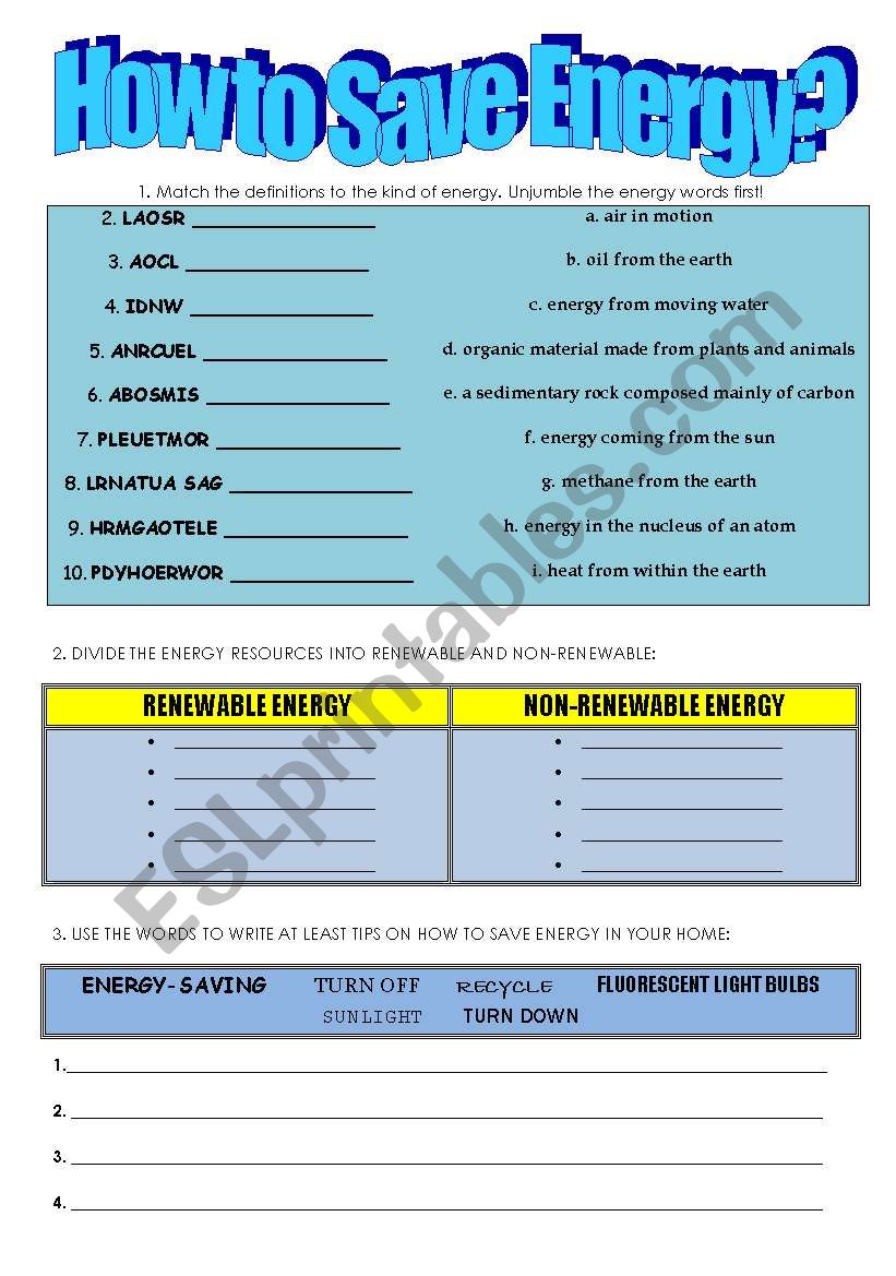 How to save energy? worksheet