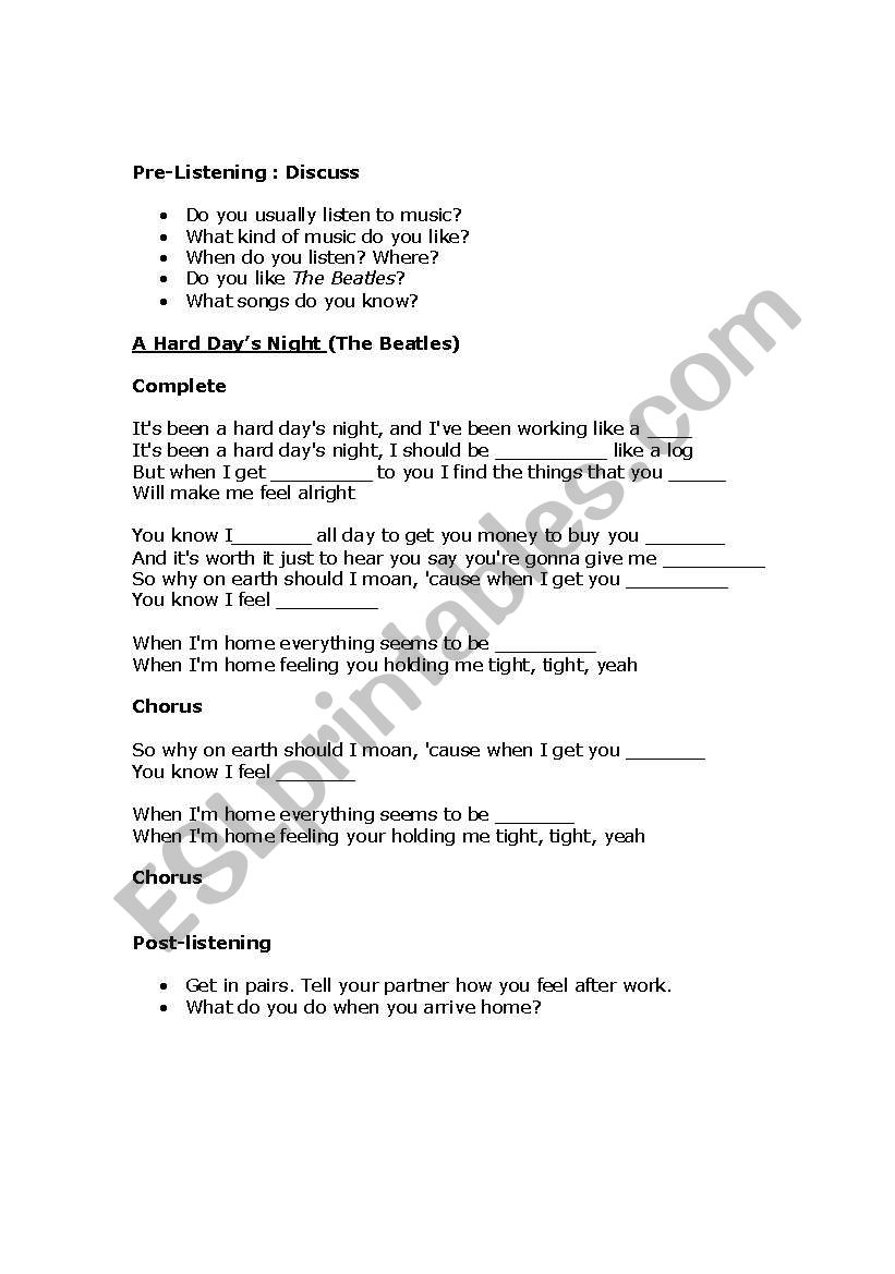 A Hard Days Night worksheet