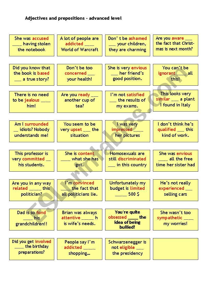 Adjectives and prepositions (advanced) - cards with solution on the back 