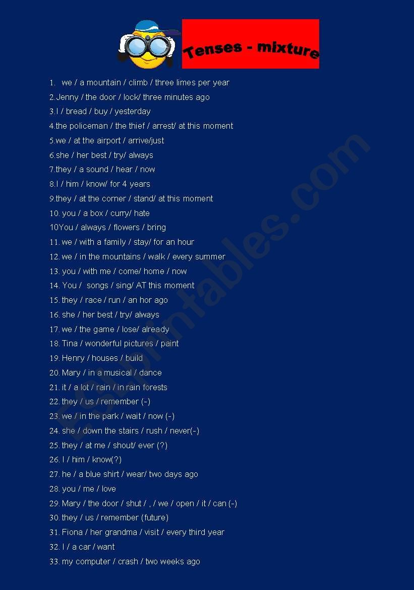 Tenses mixture worksheet