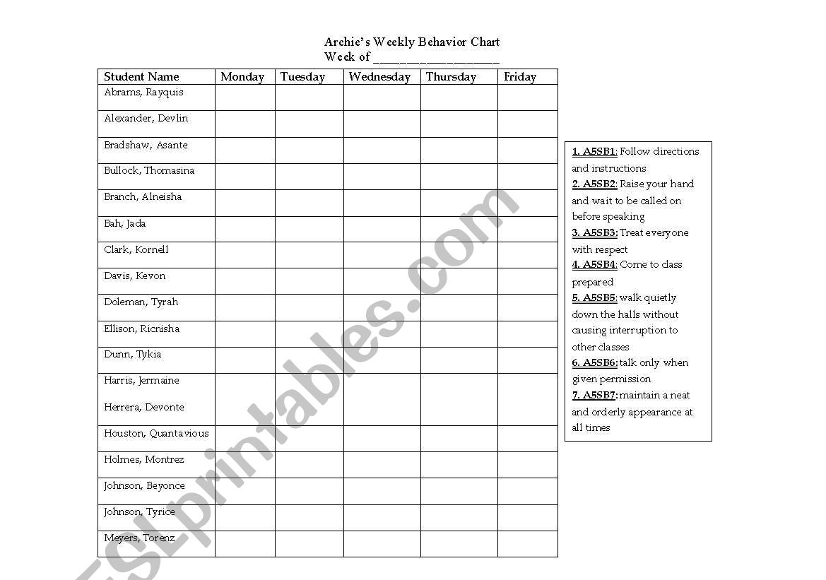 Behavior Chart worksheet