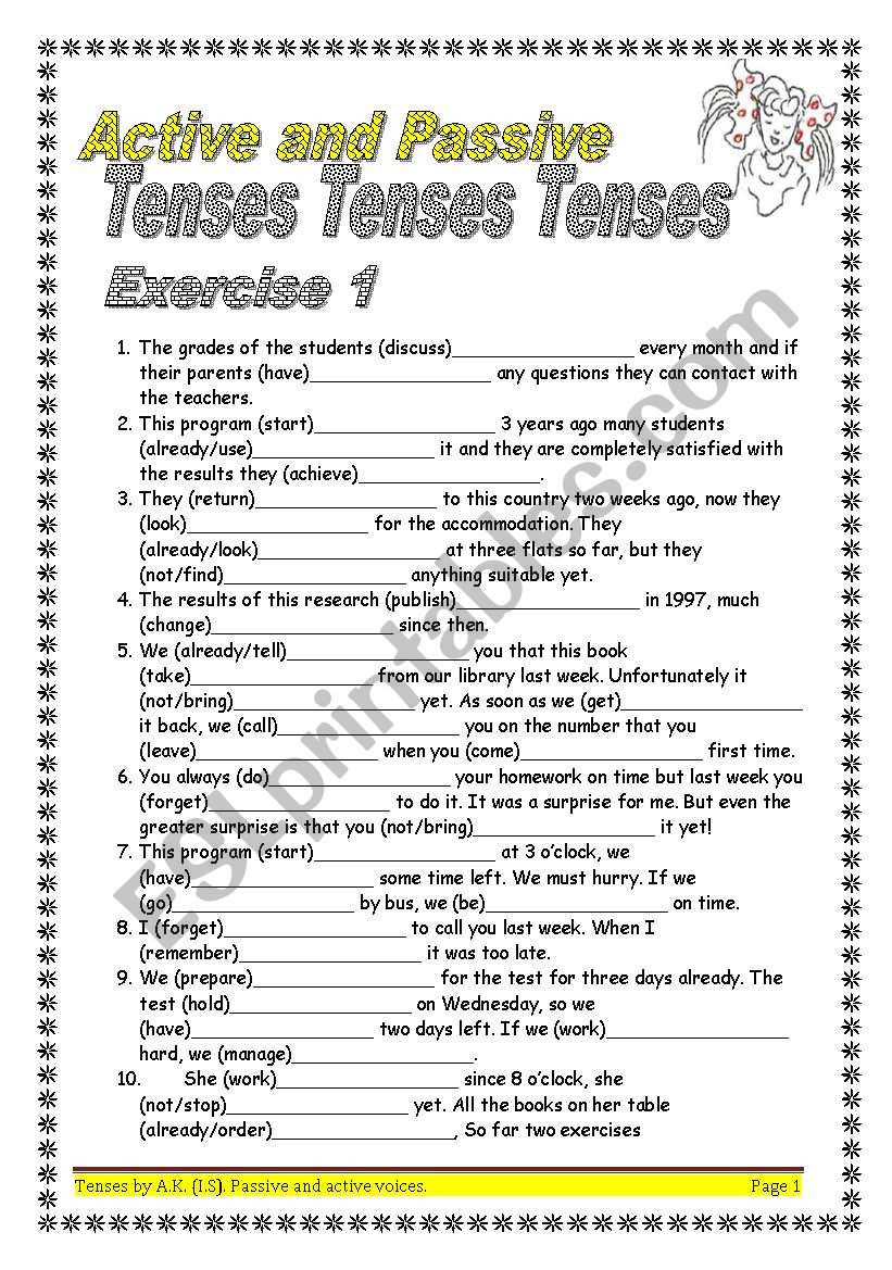 234 gap fills/5 exercises/8 pages Tenses (active/passive) KEY included