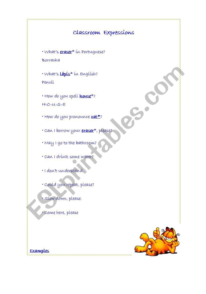 Classroom expressions worksheet