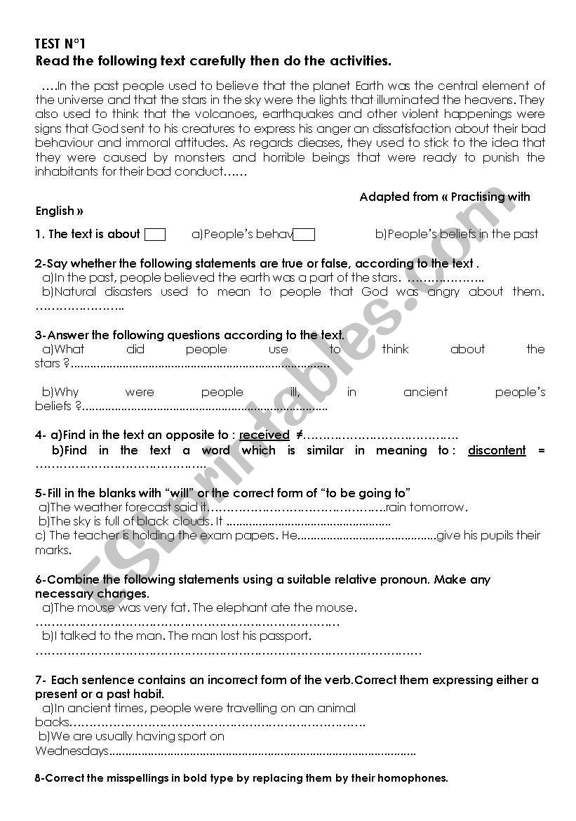 2ND YEAR TEST worksheet