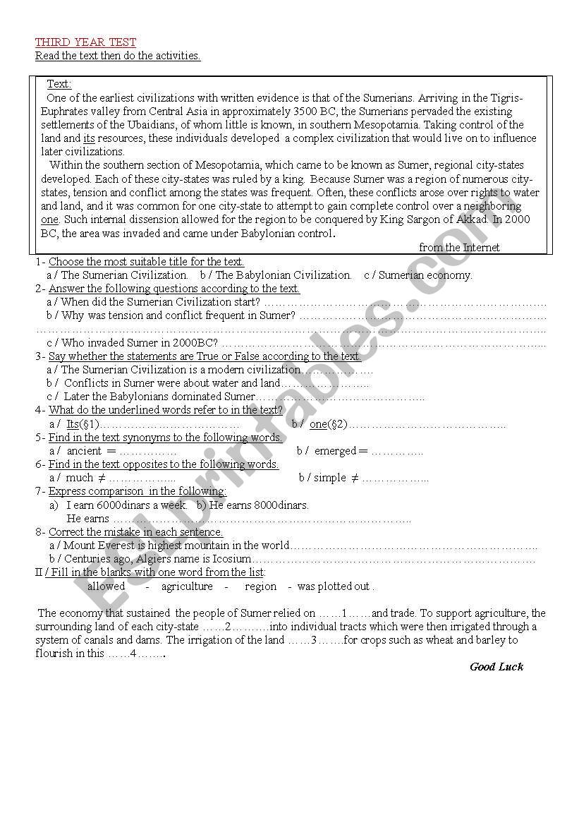 3rd year test worksheet