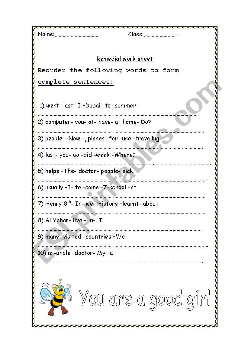 word order  worksheet worksheet