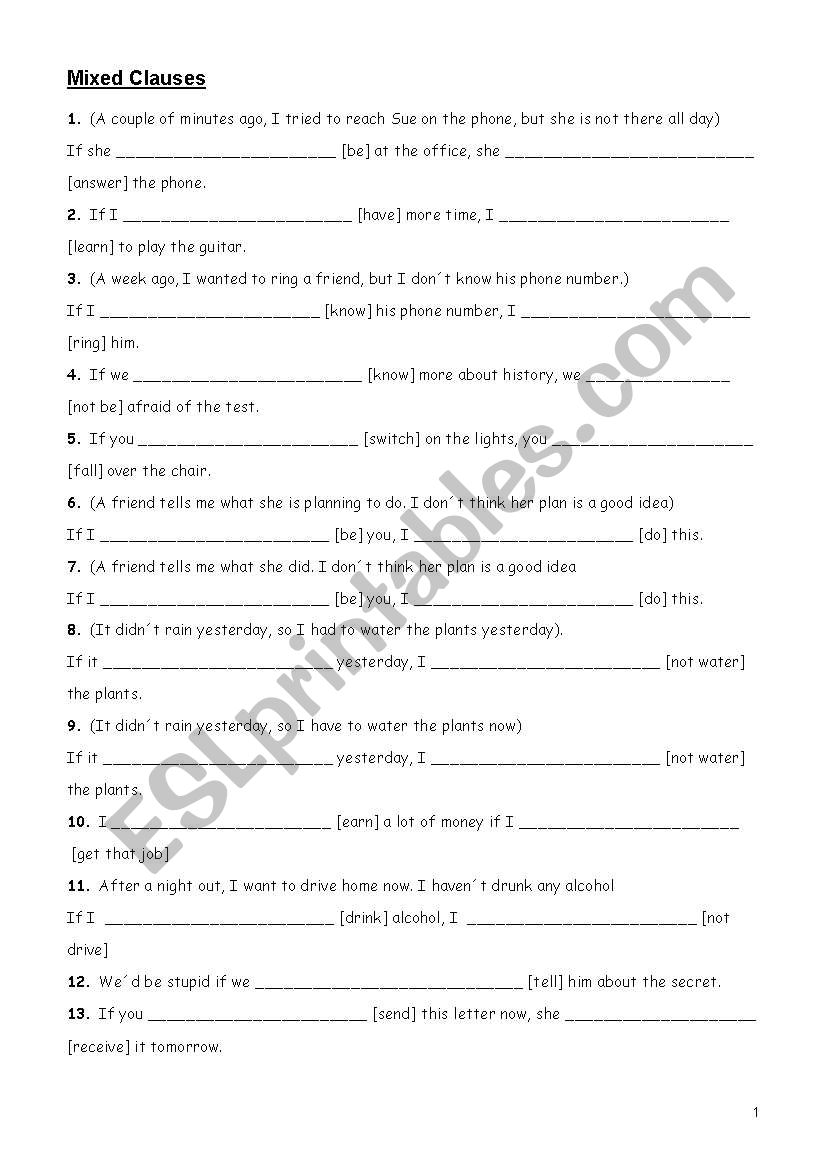 Exercises mixed conditionals worksheet