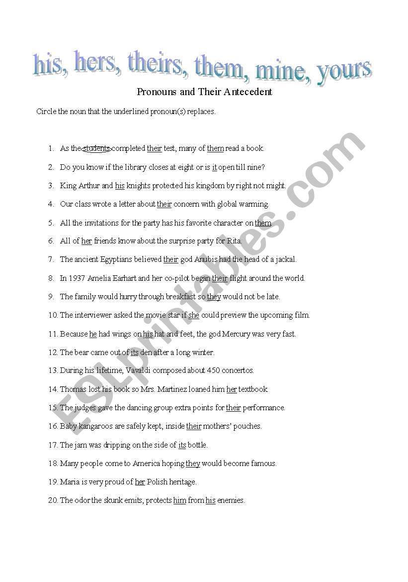 Pronouns and Their Antecedent worksheet