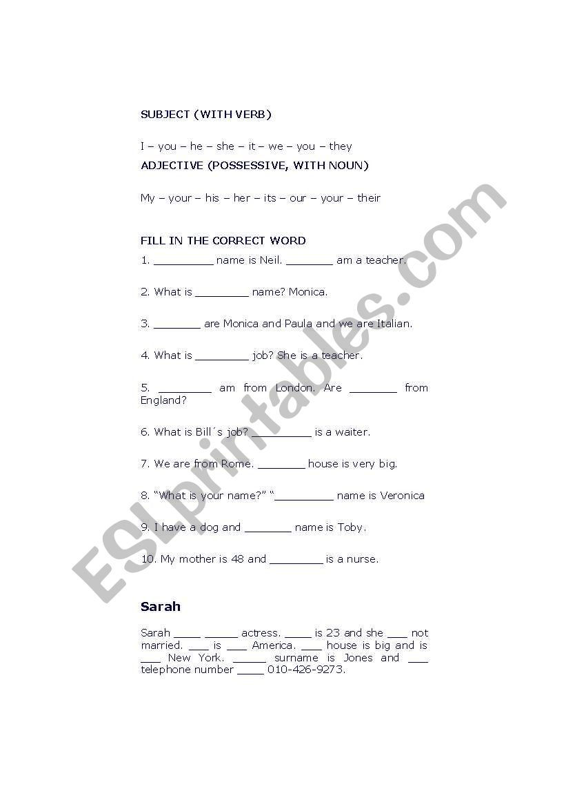 Possesives worksheet