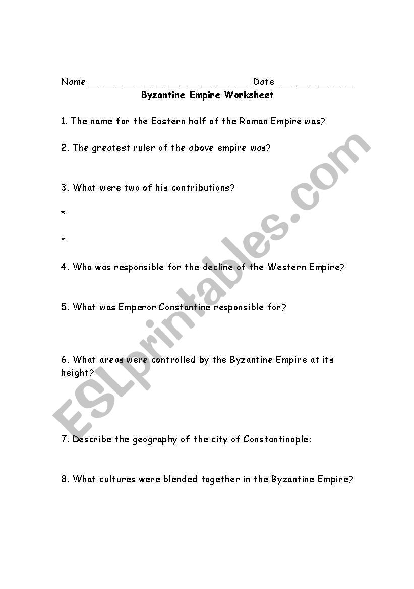 Byzantine Empire Worksheet worksheet