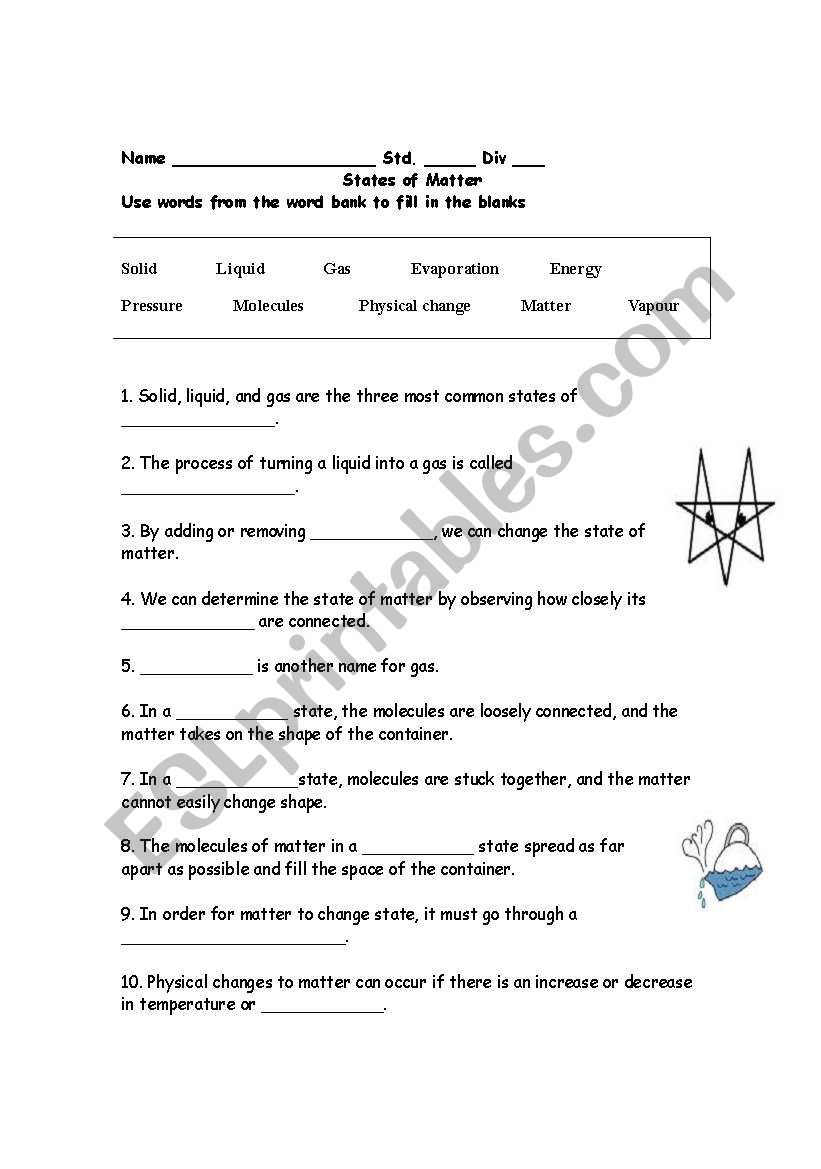 states of matter worksheet