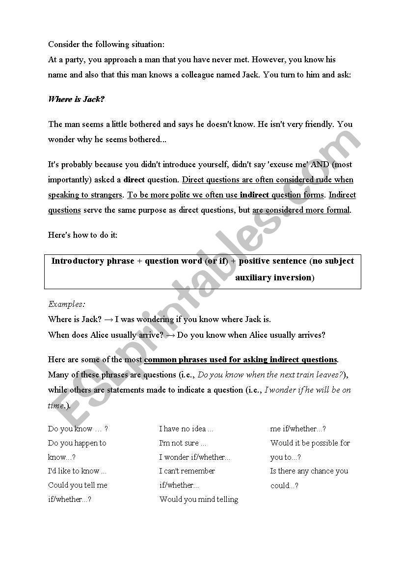 Indirect questions worksheet