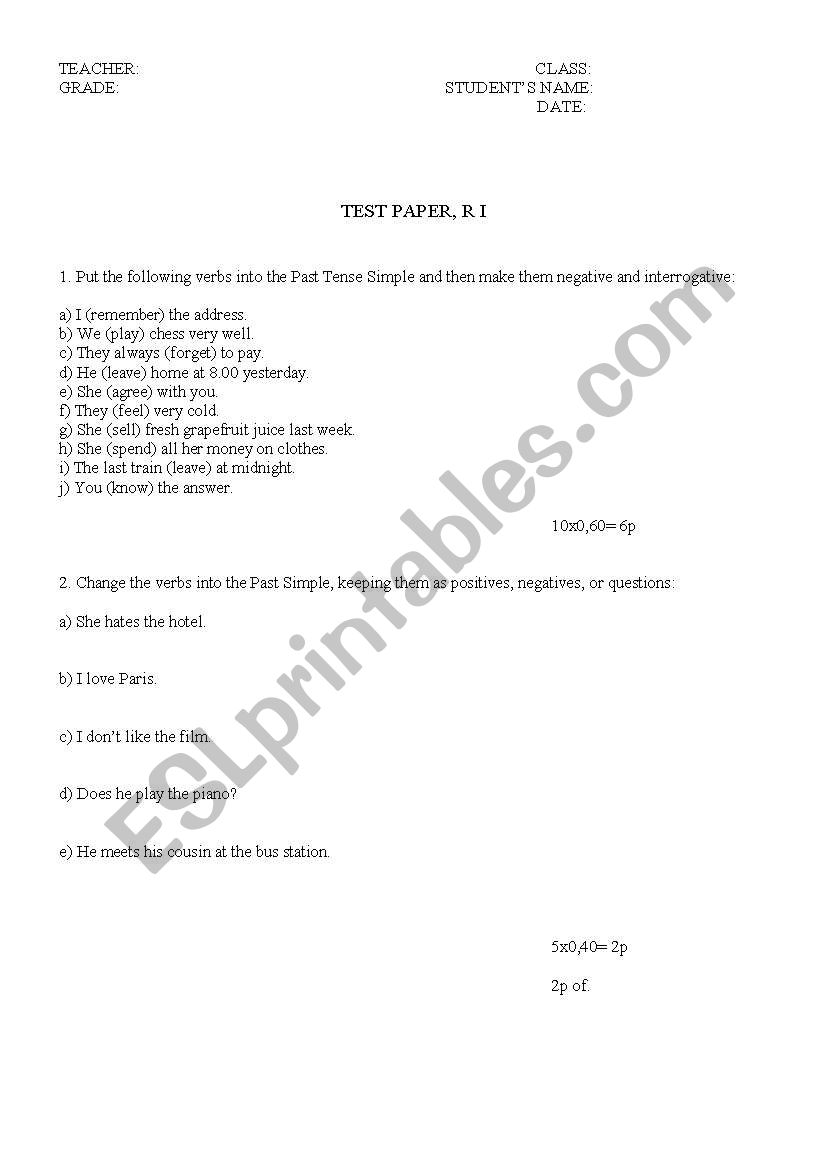 English Test for beginers worksheet