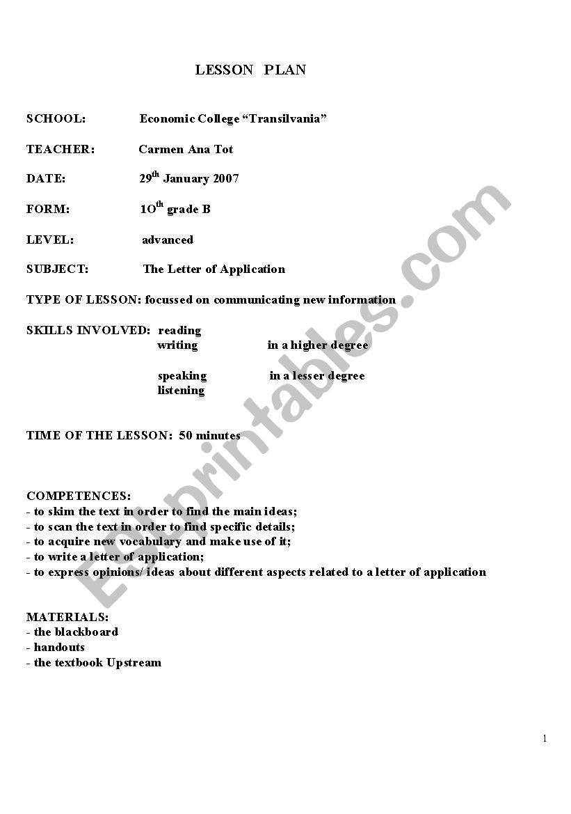 application letter worksheet