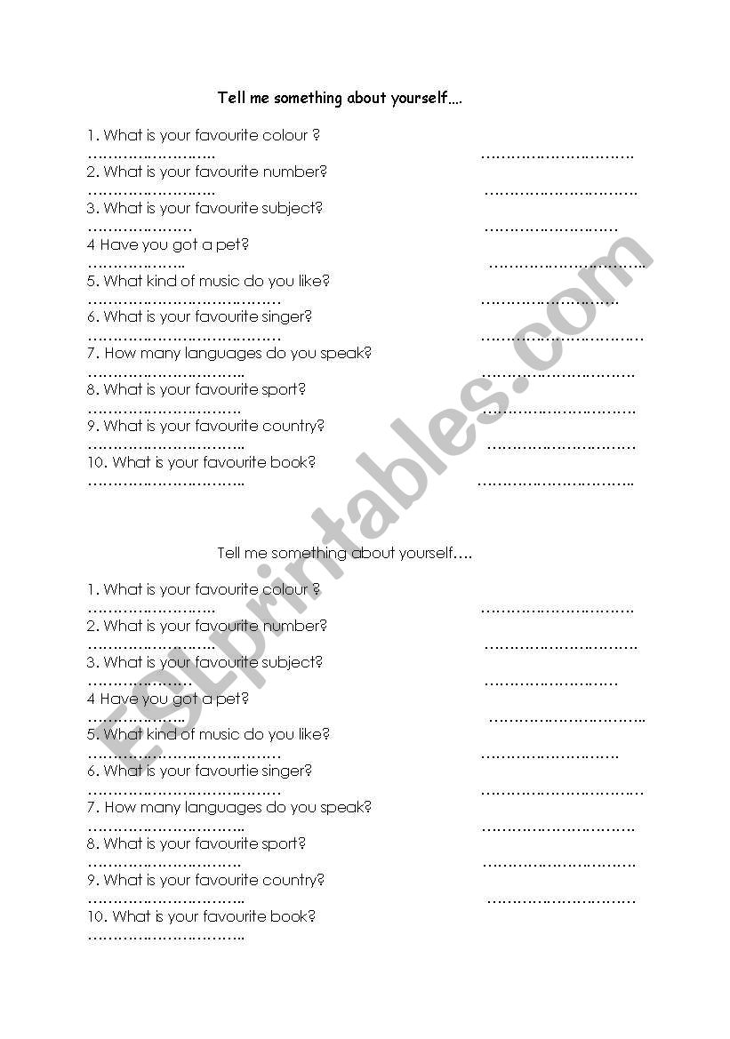 tell me sth about yourself worksheet