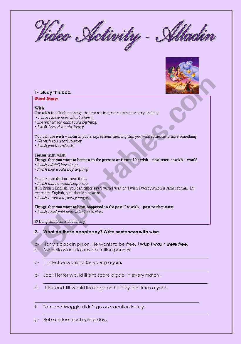 Video Activity - Alladin worksheet