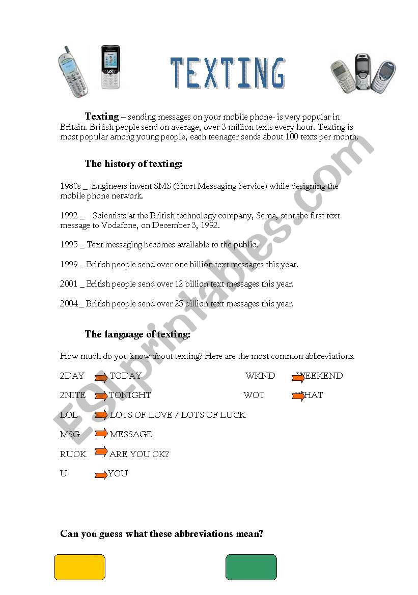 Texting worksheet