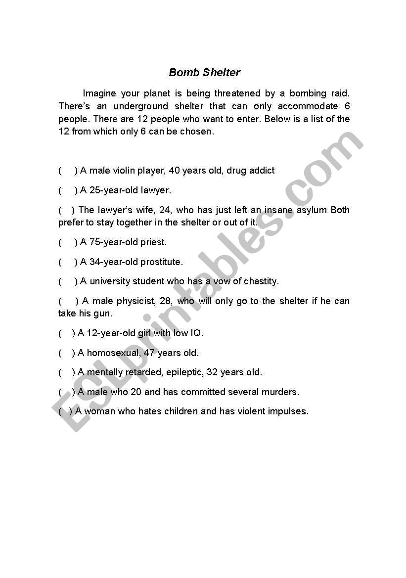 Bomb Shelter worksheet