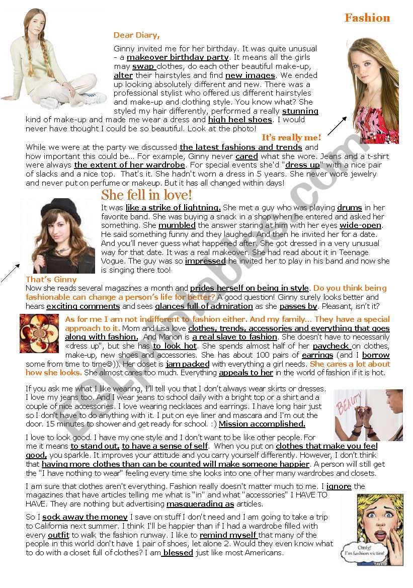RachelÂ´s Diary - Fashion (reading + vocabulary + exercises) - 2 pages