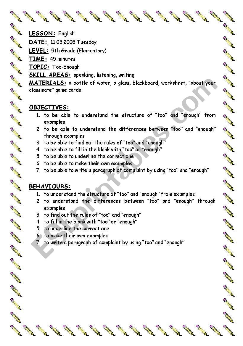 Lesson Plan for TOO&ENOUGH worksheet
