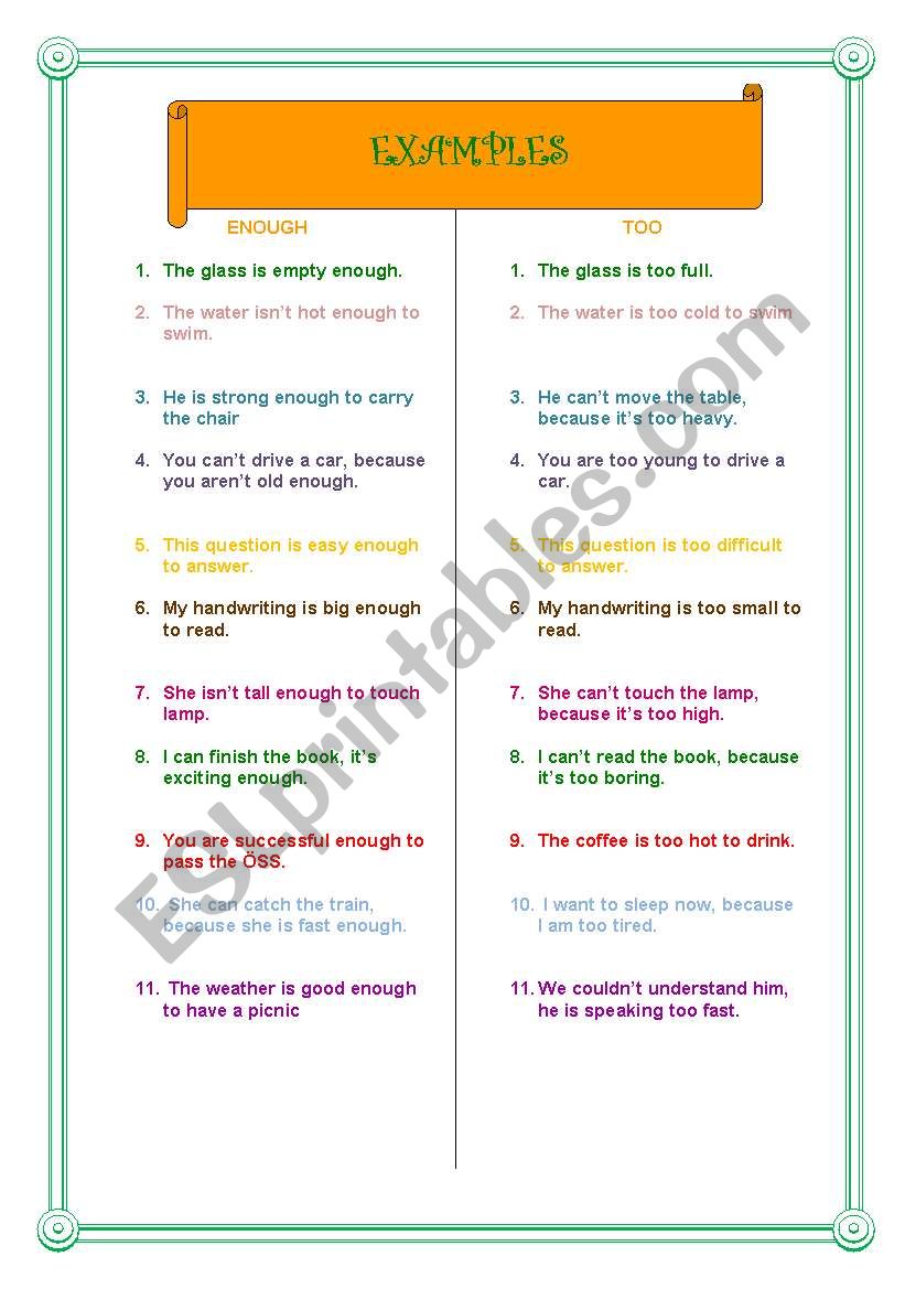 TOO & ENOUGH examples worksheet