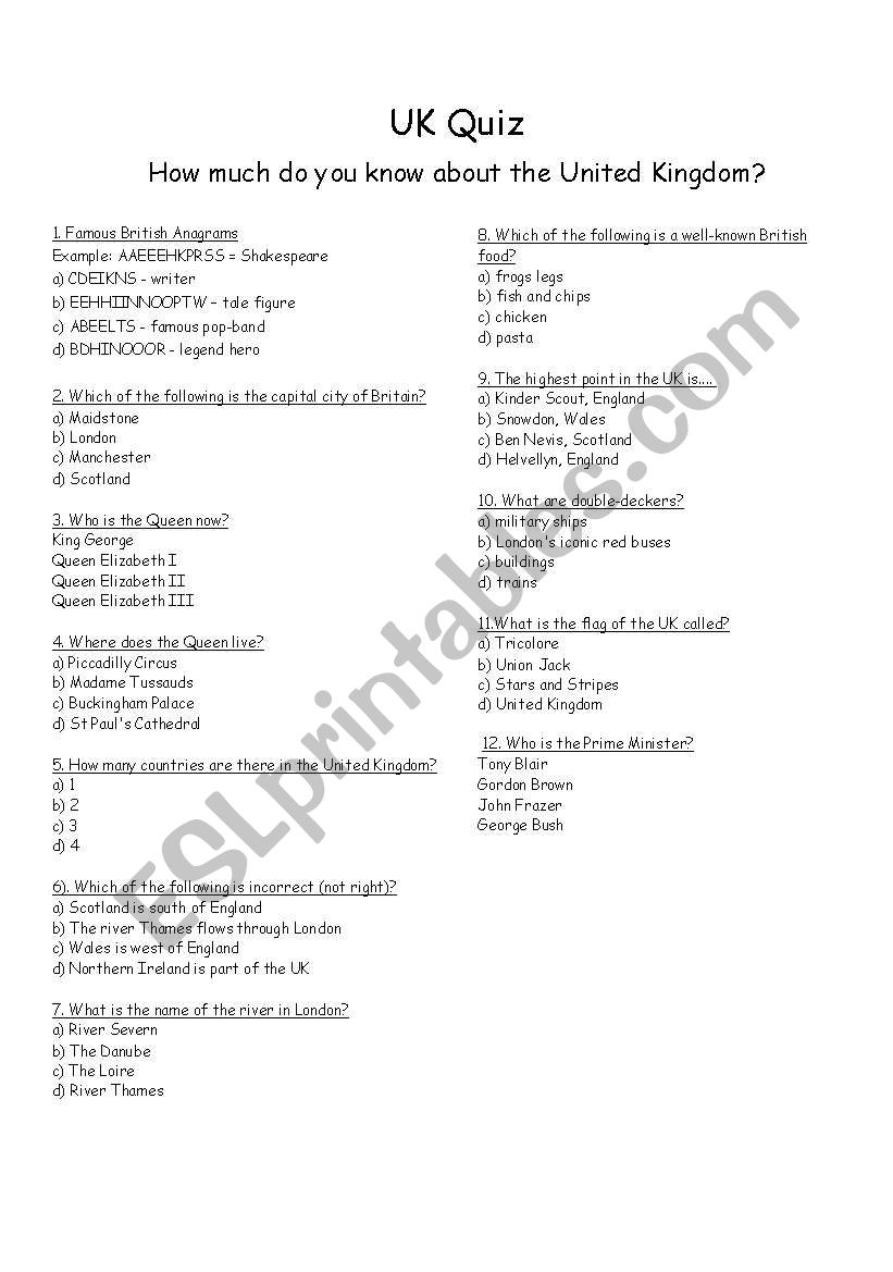 UK Quiz worksheet