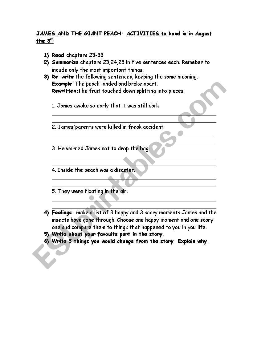 James and Giant peach worksheet