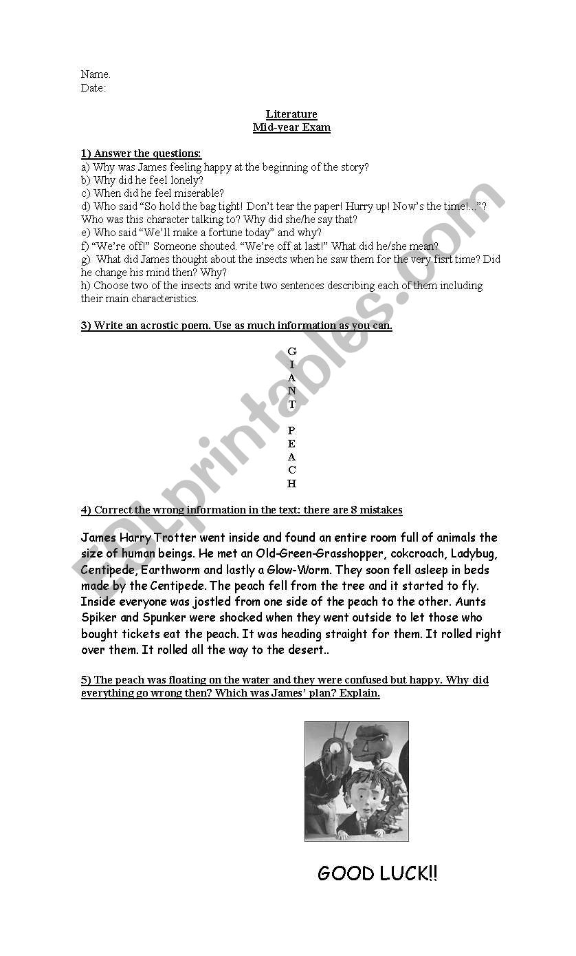 james and the giant peach worksheet