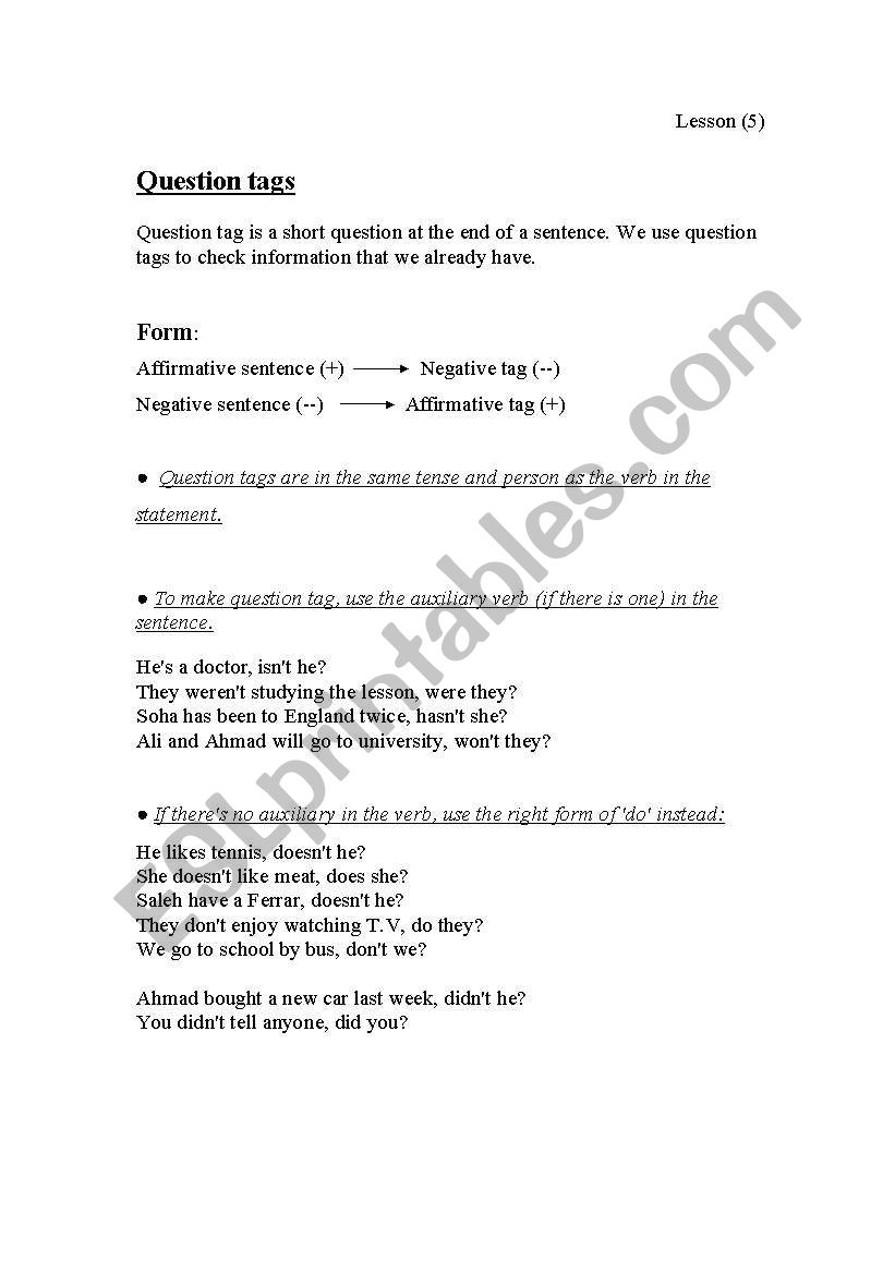 Question tags worksheet