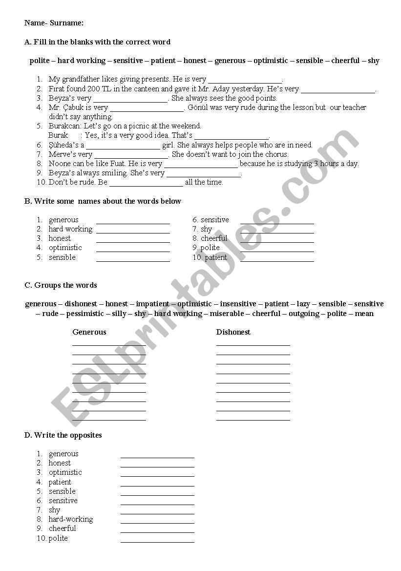 personality adjectives worksheet