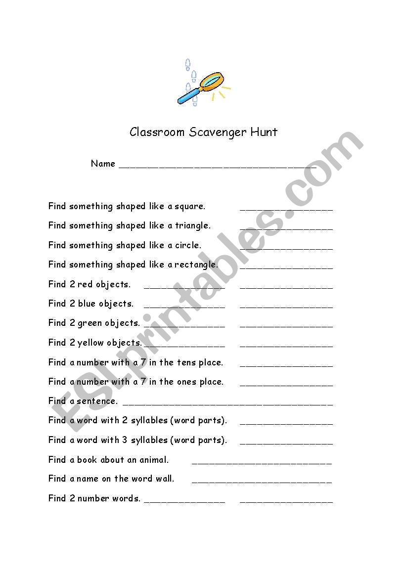 Classroom Scavenger Hunt worksheet