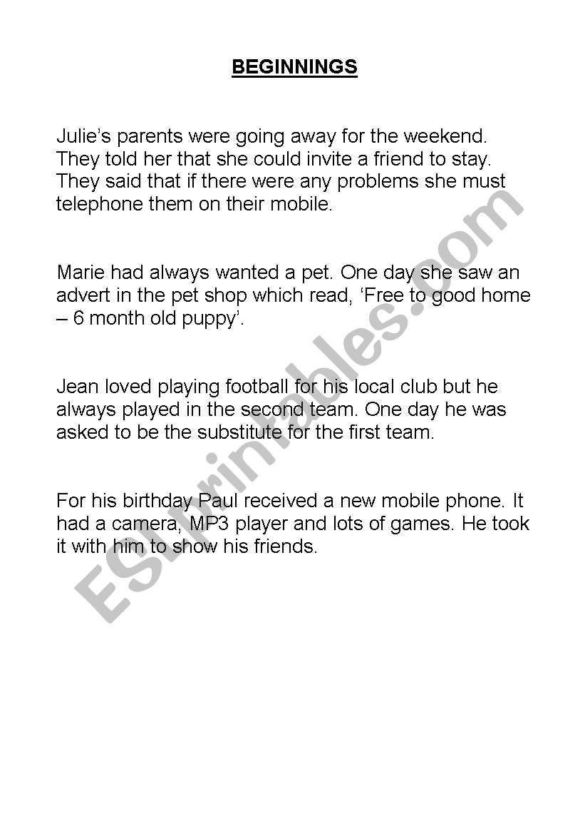 Story beginnings worksheet