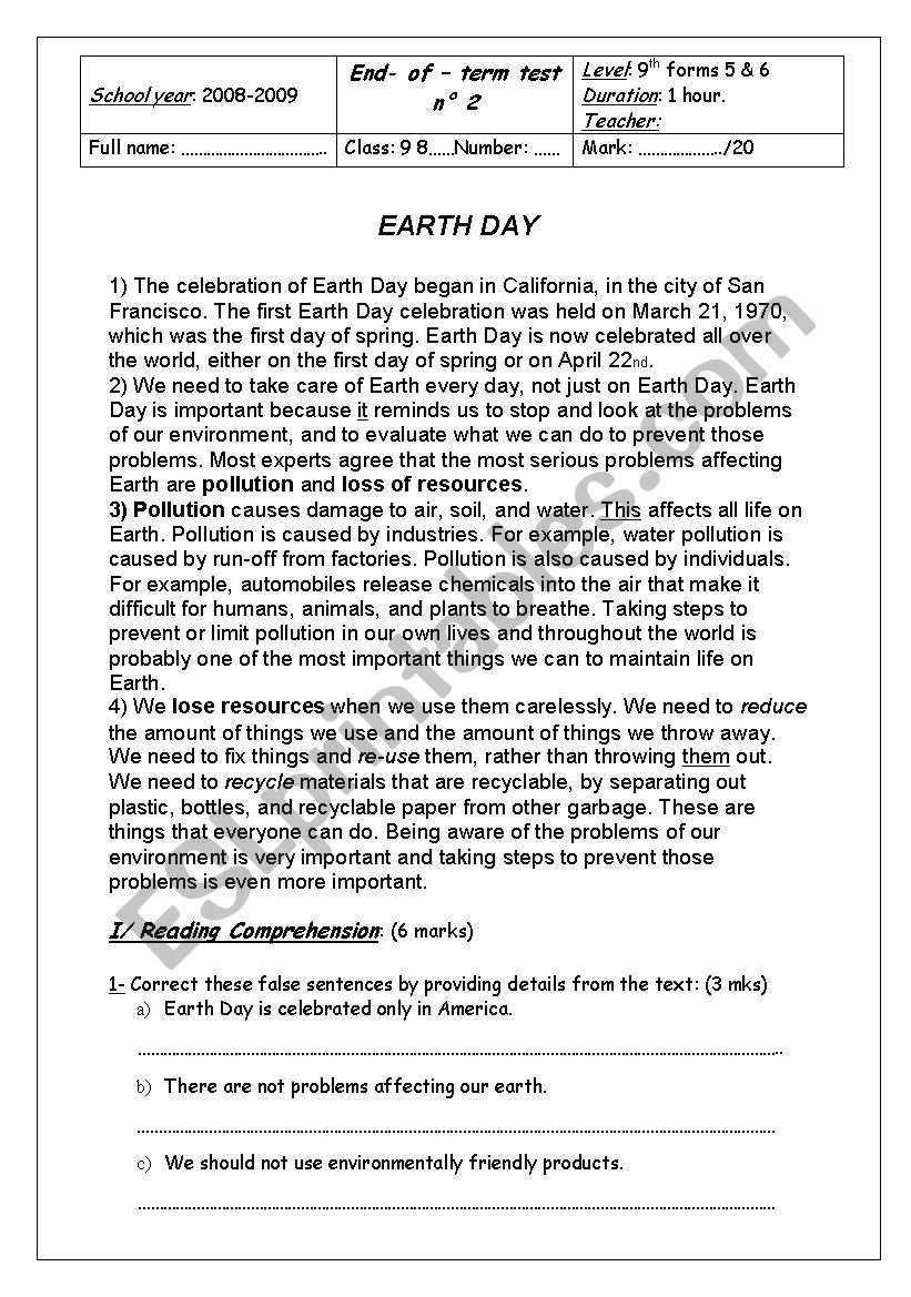 A good test about pollution designed for 9th form students