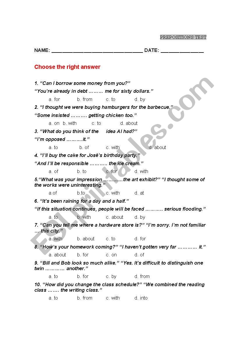 PREPOSITIONS TEST worksheet